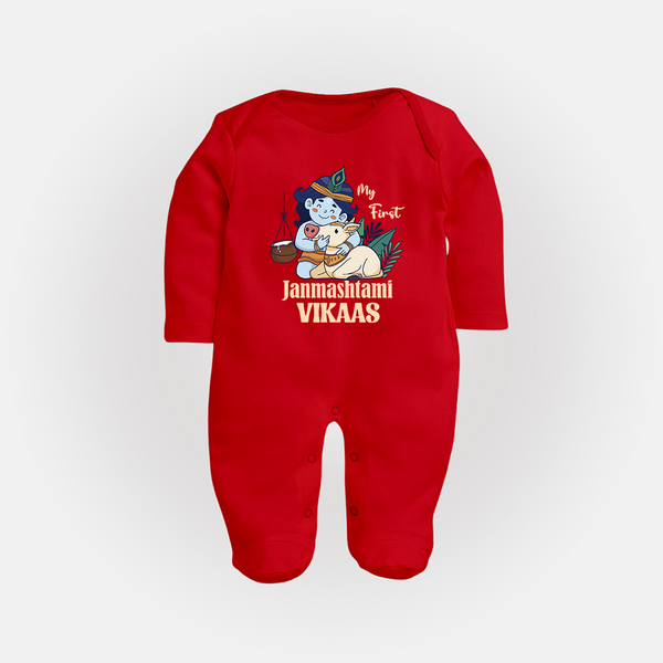 My First Janmashtami Sleep Suit/Full Sleeve Body Suit | Personalized Baby Sleep Suit/Full Sleeve Body Suit for Janmashtami - RED - New Born (Chest 7.5")