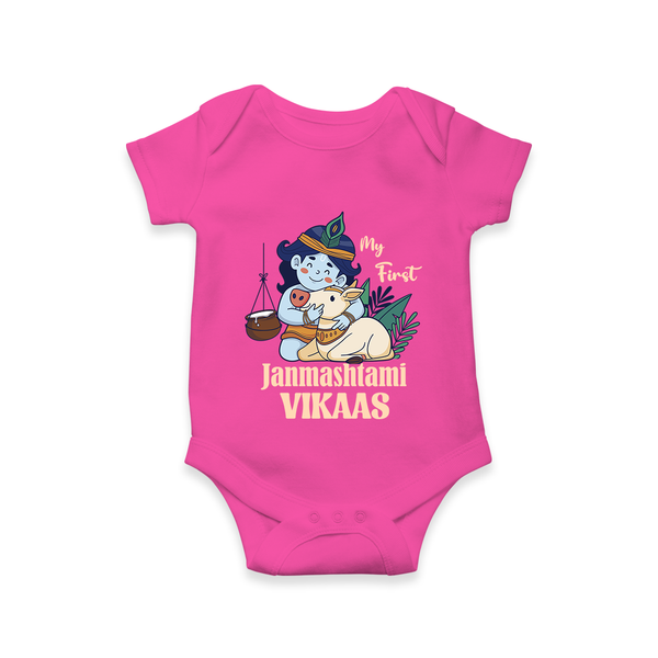 My First Janmashtami Romper/Onesie | Personalized Baby Romper/Onesie for Janmashtami - HOT PINK - New Born (Chest 14")