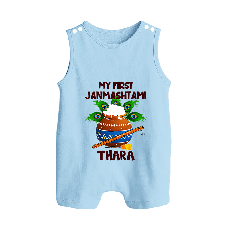 Krishna's Little Devotee My First Janmashtami Romper Suit/Sleeveless Romper | Custom Baby Romper Suit/Sleeveless Romper for Krishna's Day - BABY BLUE - 0 - 5 Months Old (Chest 18")