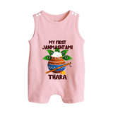 Krishna's Little Devotee My First Janmashtami Romper Suit/Sleeveless Romper | Custom Baby Romper Suit/Sleeveless Romper for Krishna's Day - BABY PINK - 0 - 5 Months Old (Chest 18")
