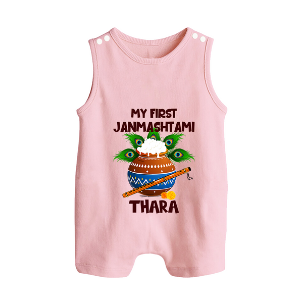 Krishna's Little Devotee My First Janmashtami Romper Suit/Sleeveless Romper | Custom Baby Romper Suit/Sleeveless Romper for Krishna's Day - BABY PINK - 0 - 5 Months Old (Chest 18")