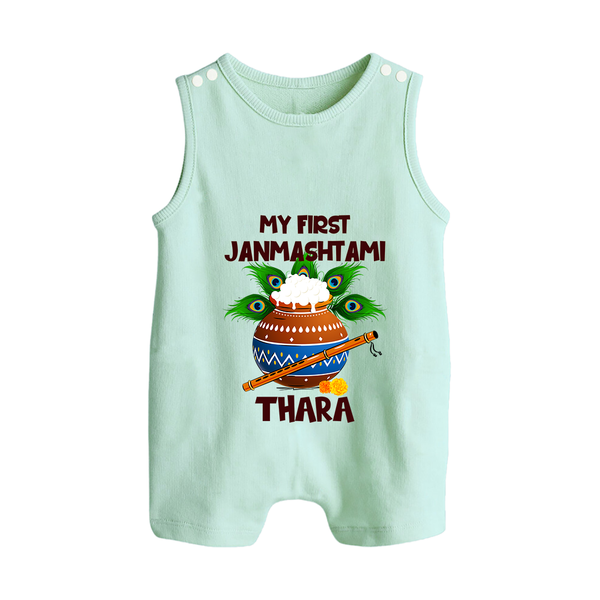 Krishna's Little Devotee My First Janmashtami Romper Suit/Sleeveless Romper | Custom Baby Romper Suit/Sleeveless Romper for Krishna's Day - MINT GREEN - 0 - 5 Months Old (Chest 18")