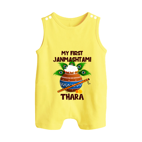 Krishna's Little Devotee My First Janmashtami Romper Suit/Sleeveless Romper | Custom Baby Romper Suit/Sleeveless Romper for Krishna's Day - PASTEL YELLOW - 0 - 5 Months Old (Chest 18")