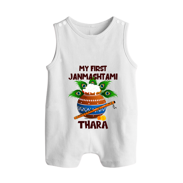 Krishna's Little Devotee My First Janmashtami Romper Suit/Sleeveless Romper | Custom Baby Romper Suit/Sleeveless Romper for Krishna's Day - WHITE - 0 - 5 Months Old (Chest 18")