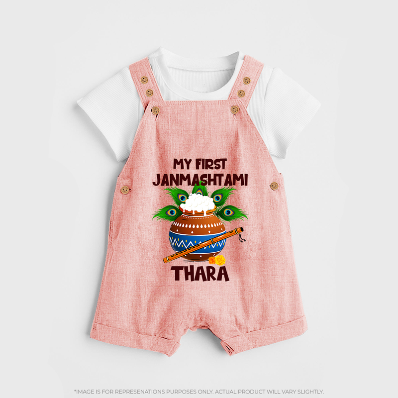Krishna's Little Devotee My First Janmashtami Dungaree Set | Custom Baby Dungaree Set for Krishna's Day - PEACH - 0 - 5 Months Old (Chest 18")