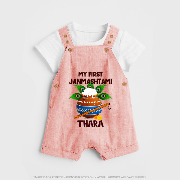 Krishna's Little Devotee My First Janmashtami Dungaree Set | Custom Baby Dungaree Set for Krishna's Day - PEACH - 0 - 5 Months Old (Chest 18")