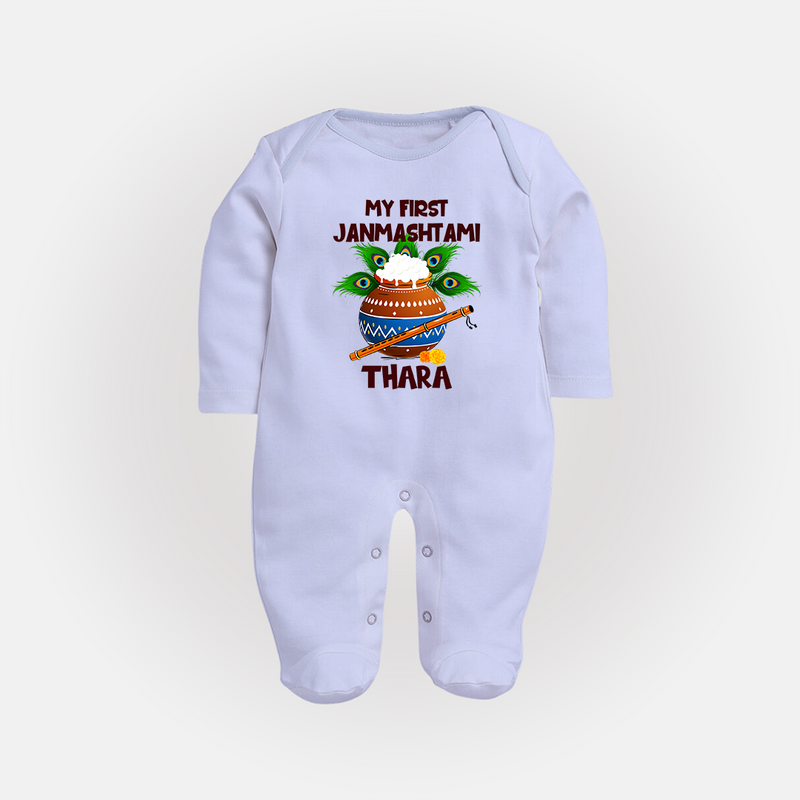 Krishna's Little Devotee My First Janmashtami Sleep Suit/Full Sleeve Body Suit | Custom Baby Sleep Suit/Full Sleeve Body Suit for Krishna's Day - BABY BLUE - New Born (Chest 7.5")