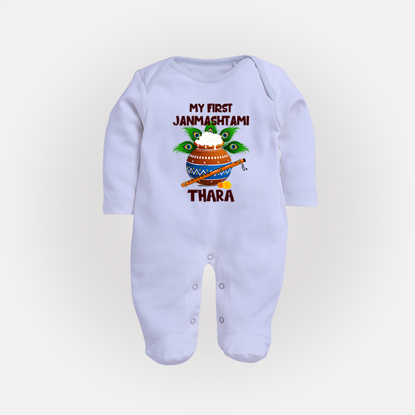 Krishna's Little Devotee My First Janmashtami Sleep Suit/Full Sleeve Body Suit | Custom Baby Sleep Suit/Full Sleeve Body Suit for Krishna's Day - BABY BLUE - New Born (Chest 7.5")
