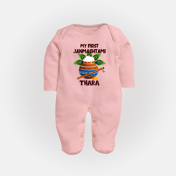 Krishna's Little Devotee My First Janmashtami Sleep Suit/Full Sleeve Body Suit | Custom Baby Sleep Suit/Full Sleeve Body Suit for Krishna's Day - BABY PINK - New Born (Chest 7.5")