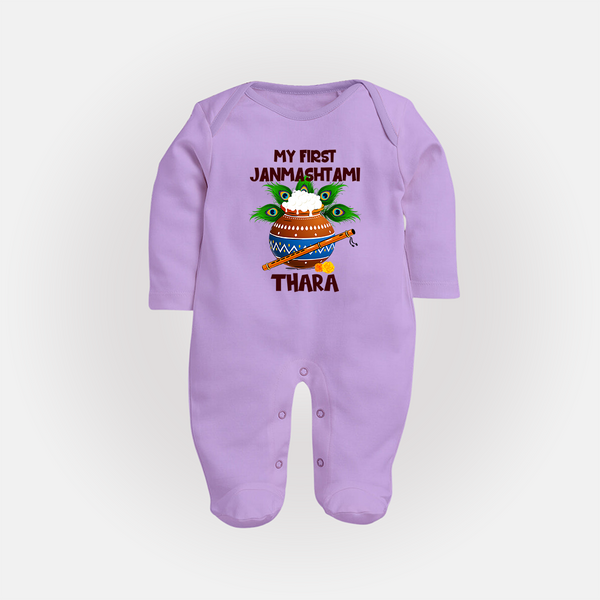 Krishna's Little Devotee My First Janmashtami Sleep Suit/Full Sleeve Body Suit | Custom Baby Sleep Suit/Full Sleeve Body Suit for Krishna's Day - LILAC - New Born (Chest 7.5")