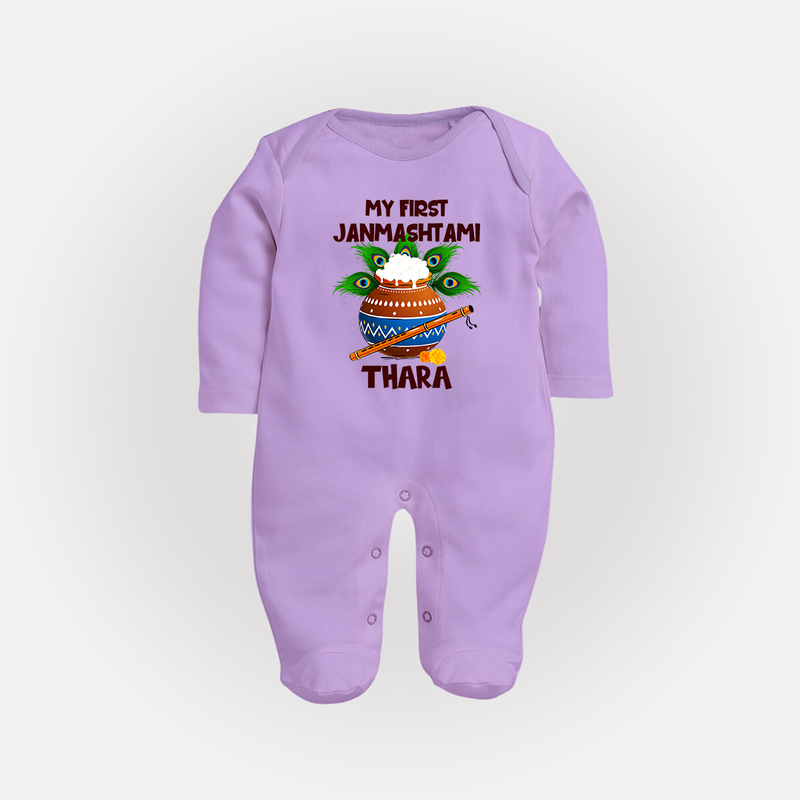 Krishna's Little Devotee My First Janmashtami Sleep Suit/Full Sleeve Body Suit | Custom Baby Sleep Suit/Full Sleeve Body Suit for Krishna's Day - LILAC - New Born (Chest 7.5")