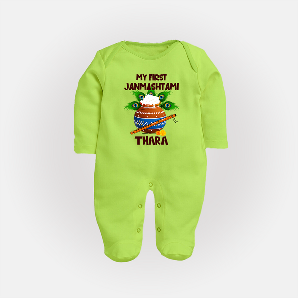 Krishna's Little Devotee My First Janmashtami Sleep Suit/Full Sleeve Body Suit | Custom Baby Sleep Suit/Full Sleeve Body Suit for Krishna's Day - LIME GREEN - New Born (Chest 7.5")