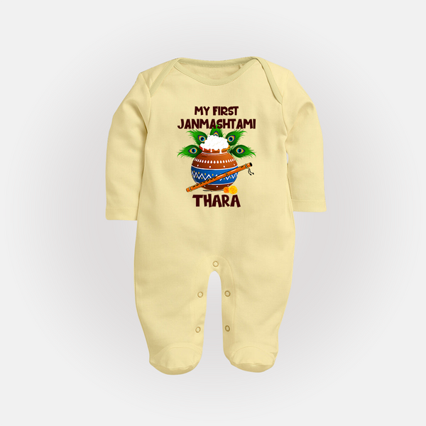 Krishna's Little Devotee My First Janmashtami Sleep Suit/Full Sleeve Body Suit | Custom Baby Sleep Suit/Full Sleeve Body Suit for Krishna's Day - PASTEL YELLOW - New Born (Chest 7.5")