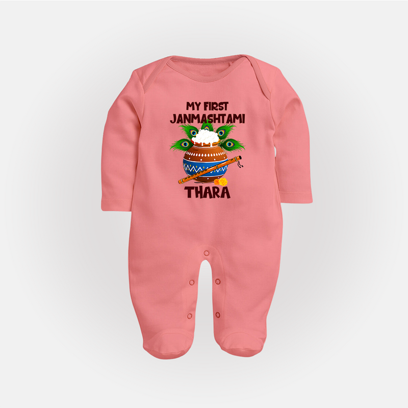 Krishna's Little Devotee My First Janmashtami Sleep Suit/Full Sleeve Body Suit | Custom Baby Sleep Suit/Full Sleeve Body Suit for Krishna's Day - PEACH - New Born (Chest 7.5")