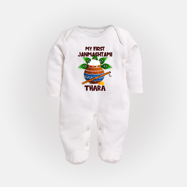 Krishna's Little Devotee My First Janmashtami Sleep Suit/Full Sleeve Body Suit | Custom Baby Sleep Suit/Full Sleeve Body Suit for Krishna's Day - WHITE - New Born (Chest 7.5")
