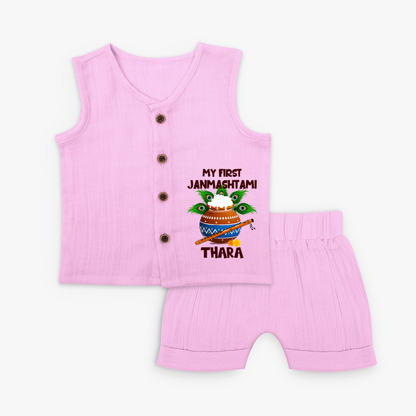 Krishna's Little Devotee My First Janmashtami Jabla Set | Custom Baby Jabla Set for Krishna's Day - BABY PINK - 0 - 3 Months Old (Chest 9.8")