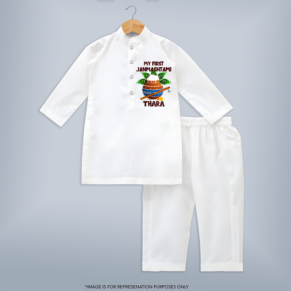 Krishna's Little Devotee My First Janmashtami Kurta Set | Custom Baby Kurta Set for Krishna's Day - WHITE - 3 - 6 Months Old (Chest 24", Kurta Length 14'', Waist 19", Pant Length 14")