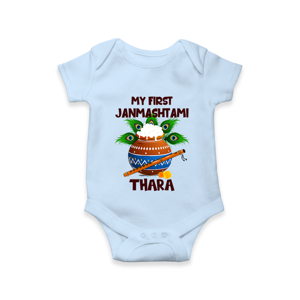 Krishna's Little Devotee My First Janmashtami Romper/Onesie | Custom Baby Romper/Onesie for Krishna's Day - BABY BLUE - New Born (Chest 14")
