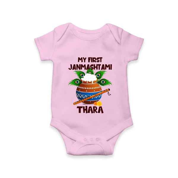Krishna's Little Devotee My First Janmashtami Romper/Onesie | Custom Baby Romper/Onesie for Krishna's Day - BABY PINK - New Born (Chest 14")