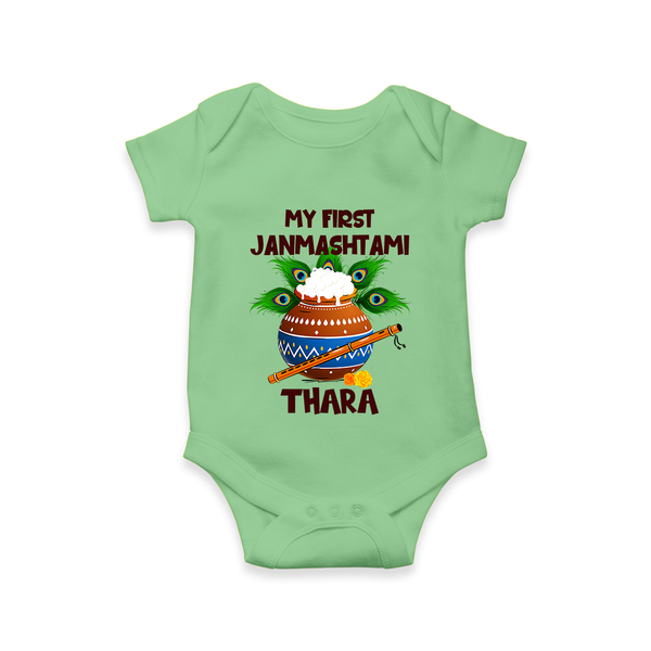 Krishna's Little Devotee My First Janmashtami Romper/Onesie | Custom Baby Romper/Onesie for Krishna's Day - GREEN - New Born (Chest 14")