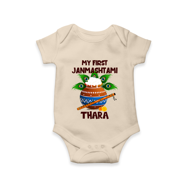 Krishna's Little Devotee My First Janmashtami Romper/Onesie | Custom Baby Romper/Onesie for Krishna's Day - IVORY - New Born (Chest 14")
