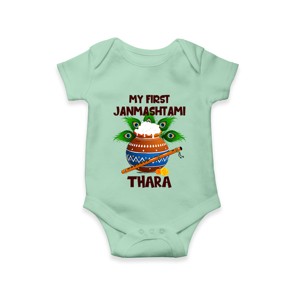 Krishna's Little Devotee My First Janmashtami Romper/Onesie | Custom Baby Romper/Onesie for Krishna's Day - MINT GREEN - New Born (Chest 14")
