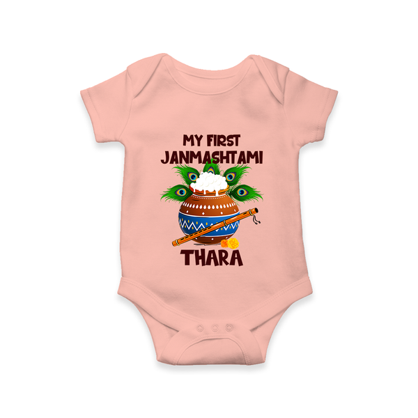 Krishna's Little Devotee My First Janmashtami Romper/Onesie | Custom Baby Romper/Onesie for Krishna's Day - PEACH - New Born (Chest 14")
