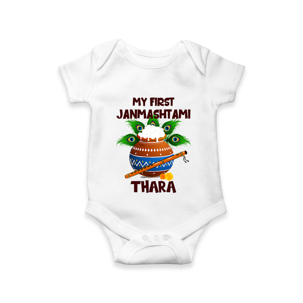 Krishna's Little Devotee My First Janmashtami Romper/Onesie | Custom Baby Romper/Onesie for Krishna's Day - WHITE - New Born (Chest 14")