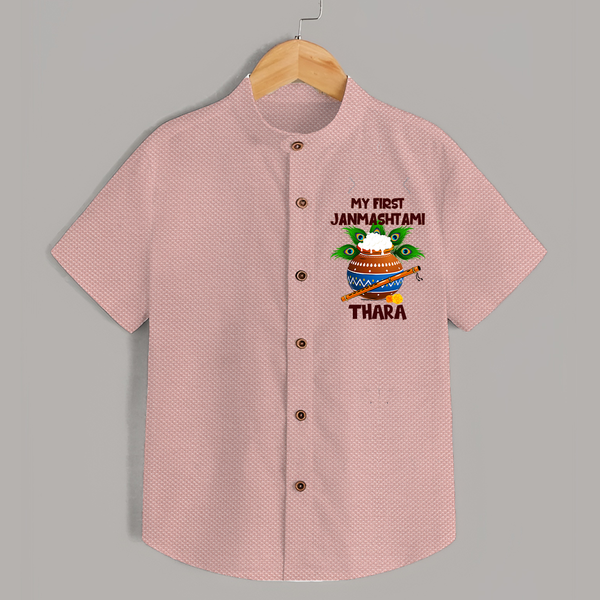 Krishna's Little Devotee My First Janmashtami Shirt | Custom Baby Shirt for Krishna's Day - PEACH - 0 - 6 Months Old (Chest 23")