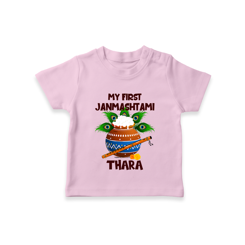 Krishna's Little Devotee My First Janmashtami T-shirt | Custom Baby T-shirt for Krishna's Day - BABY PINK - 0-5 Months Old (Chest 17")