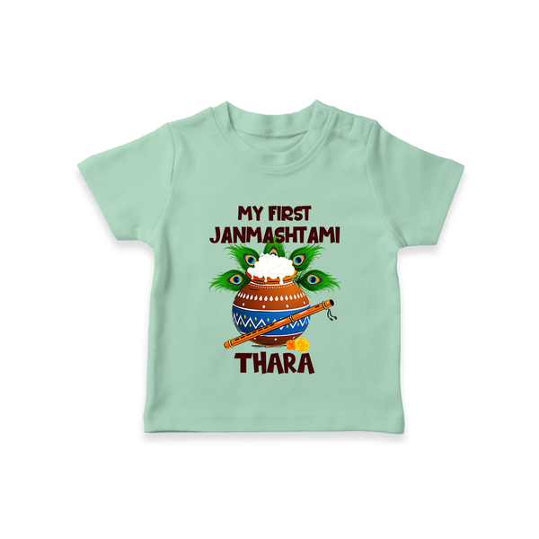 Krishna's Little Devotee My First Janmashtami T-shirt | Custom Baby T-shirt for Krishna's Day - MINT GREEN - 0-5 Months Old (Chest 17")