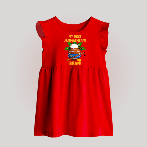 Krishna's Little Devotee My First Janmashtami Baby Frock | Custom Baby Frock for Krishna's Day - RED - 0 - 3 Months Old (Chest 17")