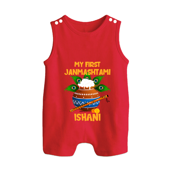 Krishna's Little Devotee My First Janmashtami Romper Suit/Sleeveless Romper | Custom Baby Romper Suit/Sleeveless Romper for Krishna's Day - RED - 0 - 5 Months Old (Chest 18")