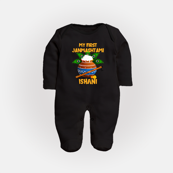 Krishna's Little Devotee My First Janmashtami Sleep Suit/Full Sleeve Body Suit | Custom Baby Sleep Suit/Full Sleeve Body Suit for Krishna's Day - BLACK - New Born (Chest 7.5")