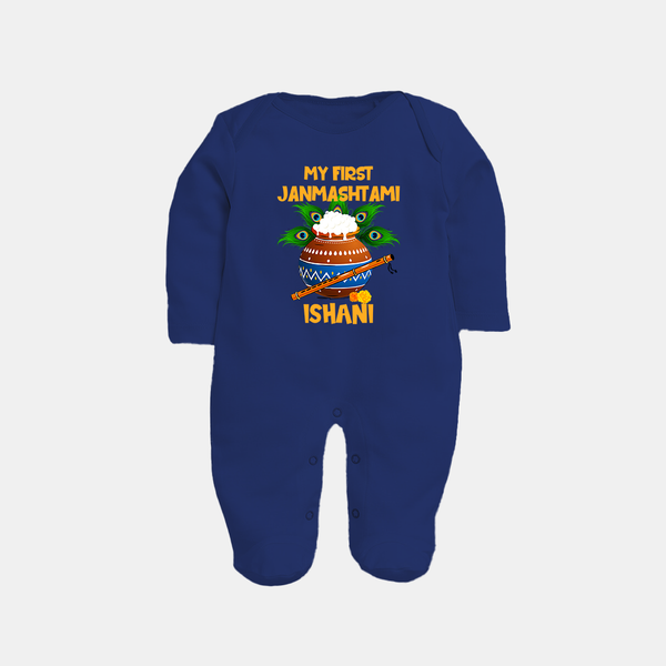 Krishna's Little Devotee My First Janmashtami Sleep Suit/Full Sleeve Body Suit | Custom Baby Sleep Suit/Full Sleeve Body Suit for Krishna's Day - NAVY BLUE - New Born (Chest 7.5")