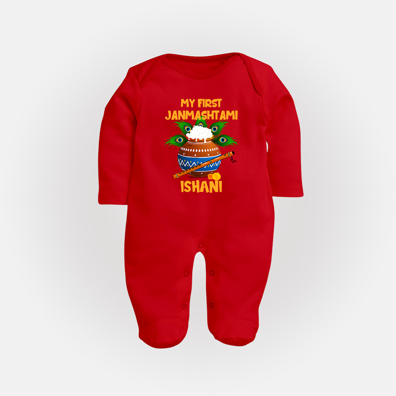 Krishna's Little Devotee My First Janmashtami Sleep Suit/Full Sleeve Body Suit | Custom Baby Sleep Suit/Full Sleeve Body Suit for Krishna's Day - RED - New Born (Chest 7.5")