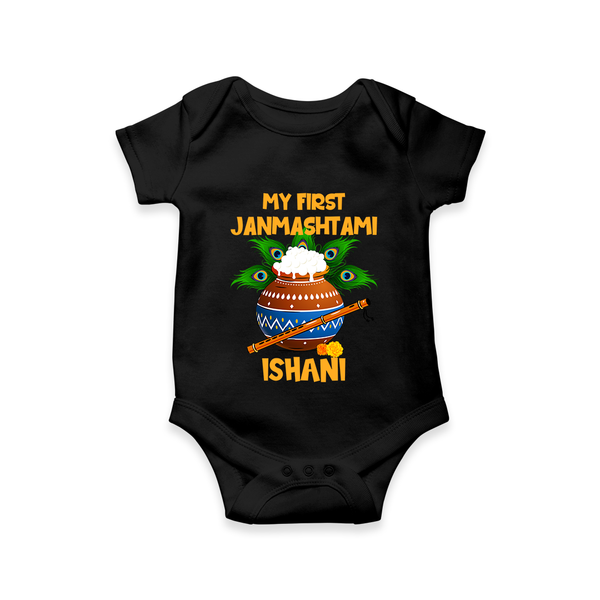 Krishna's Little Devotee My First Janmashtami Romper/Onesie | Custom Baby Romper/Onesie for Krishna's Day - BLACK - New Born (Chest 14")