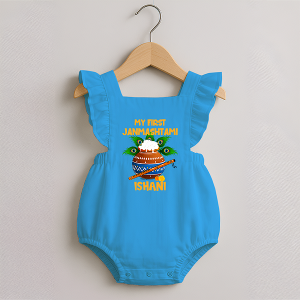 Krishna's Little Devotee My First Janmashtami Romper Frock | Custom Baby Romper Frock for Krishna's Day - SKY BLUE - 0 - 3 Months Old (Chest 19")