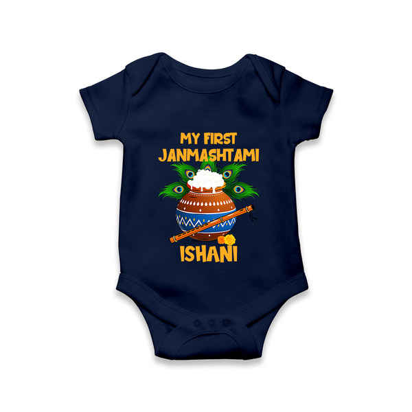 Krishna's Little Devotee My First Janmashtami Romper/Onesie | Custom Baby Romper/Onesie for Krishna's Day - NAVY BLUE - New Born (Chest 14")