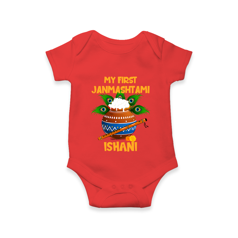 Krishna's Little Devotee My First Janmashtami Romper/Onesie | Custom Baby Romper/Onesie for Krishna's Day - RED - New Born (Chest 14")