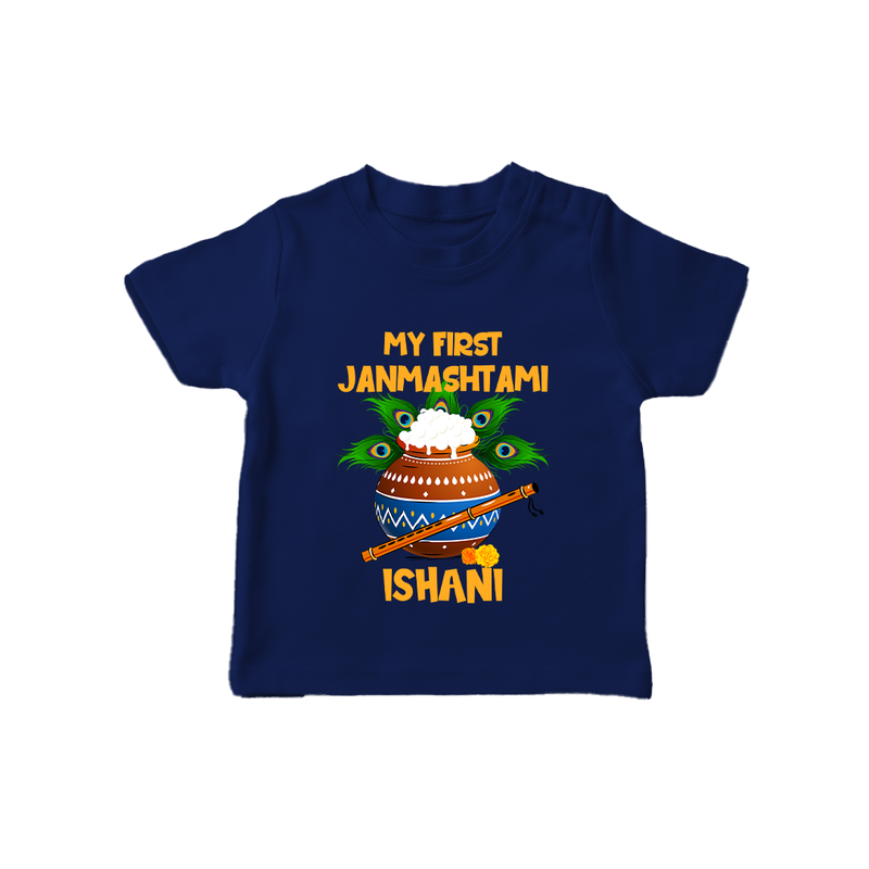 Krishna's Little Devotee My First Janmashtami T-shirt | Custom Baby T-shirt for Krishna's Day - NAVY BLUE - 0-5 Months Old (Chest 17")