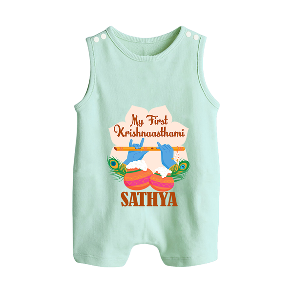 My Little Krishna's First Krishnashtami Romper Suit/Sleeveless Romper | Custom Baby Outfit for Krishna's Day - MINT GREEN - 0 - 5 Months Old (Chest 18")