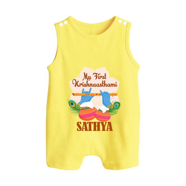 My Little Krishna's First Krishnashtami Romper Suit/Sleeveless Romper | Custom Baby Outfit for Krishna's Day - PASTEL YELLOW - 0 - 5 Months Old (Chest 18")