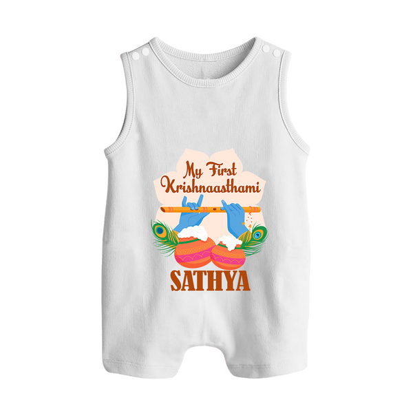 My Little Krishna's First Krishnashtami Romper Suit/Sleeveless Romper | Custom Baby Outfit for Krishna's Day - WHITE - 0 - 5 Months Old (Chest 18")