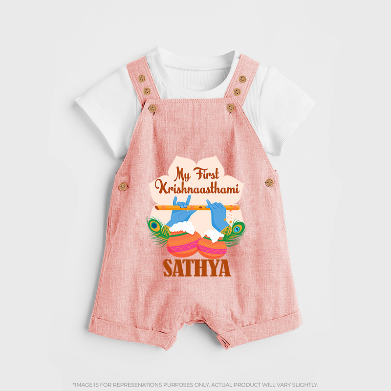 My Little Krishna's First Krishnashtami Dungaree Set | Custom Baby Outfit for Krishna's Day - PEACH - 0 - 5 Months Old (Chest 18")