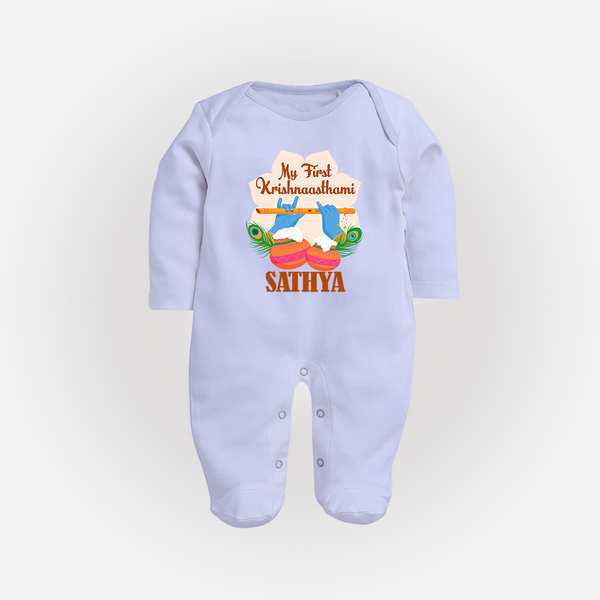 My Little Krishna's First Krishnashtami Sleep Suit/Full Sleeve Body Suit | Custom Baby Outfit for Krishna's Day - BABY BLUE - New Born (Chest 7.5")