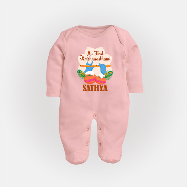 My Little Krishna's First Krishnashtami Sleep Suit/Full Sleeve Body Suit | Custom Baby Outfit for Krishna's Day - BABY PINK - New Born (Chest 7.5")