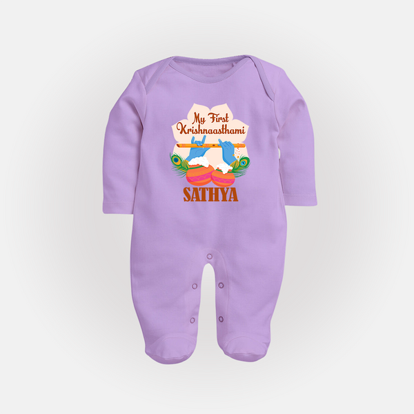My Little Krishna's First Krishnashtami Sleep Suit/Full Sleeve Body Suit | Custom Baby Outfit for Krishna's Day - LILAC - New Born (Chest 7.5")