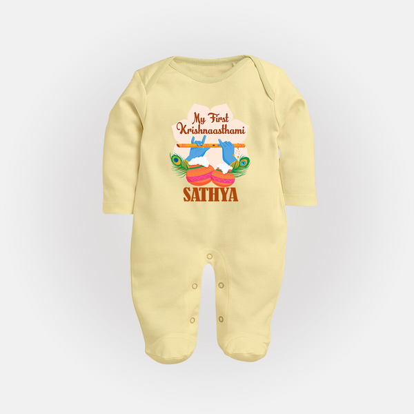 My Little Krishna's First Krishnashtami Sleep Suit/Full Sleeve Body Suit | Custom Baby Outfit for Krishna's Day - PASTEL YELLOW - New Born (Chest 7.5")