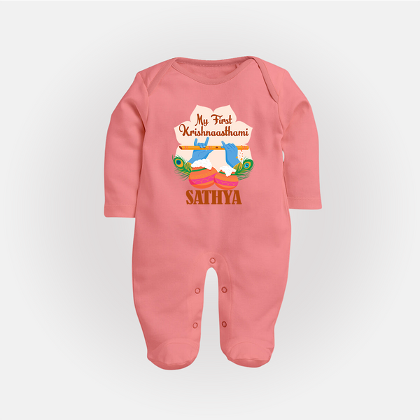 My Little Krishna's First Krishnashtami Sleep Suit/Full Sleeve Body Suit | Custom Baby Outfit for Krishna's Day - PEACH - New Born (Chest 7.5")
